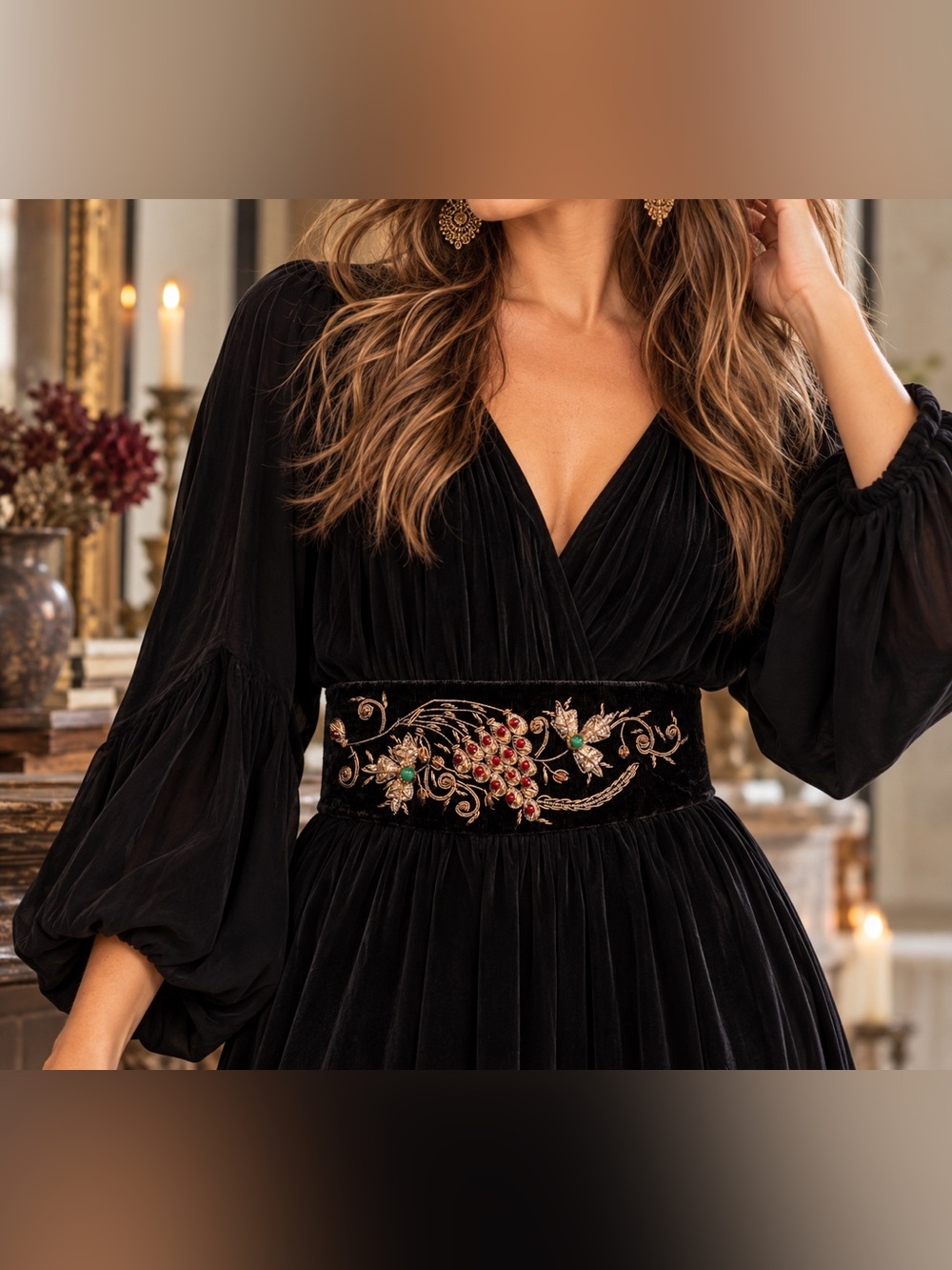 Black Velvet Wide Waist Belt Jeweled Floral Metallic Embroidered Boho 35”